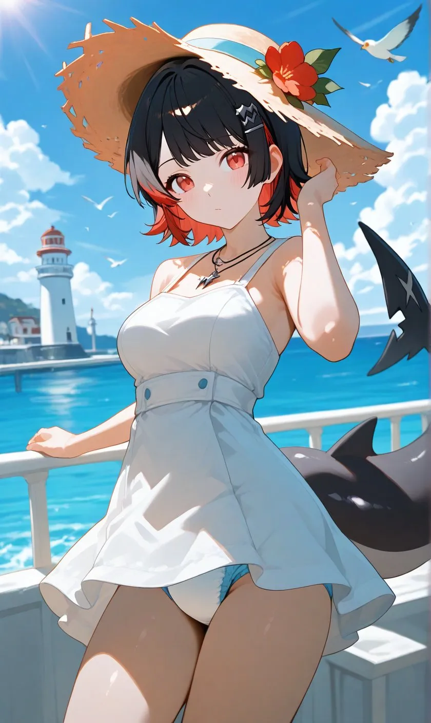 A girl wearing a sleeveless dress is outdoors, with her diaper visible through the dress. Her armpits are also visible.