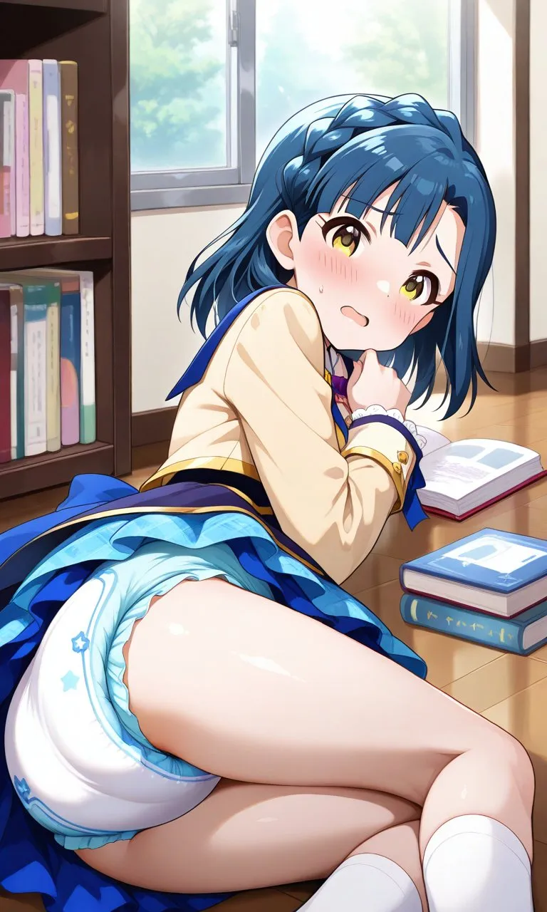 The girl's skirt rides up as she falls, revealing her diaper.