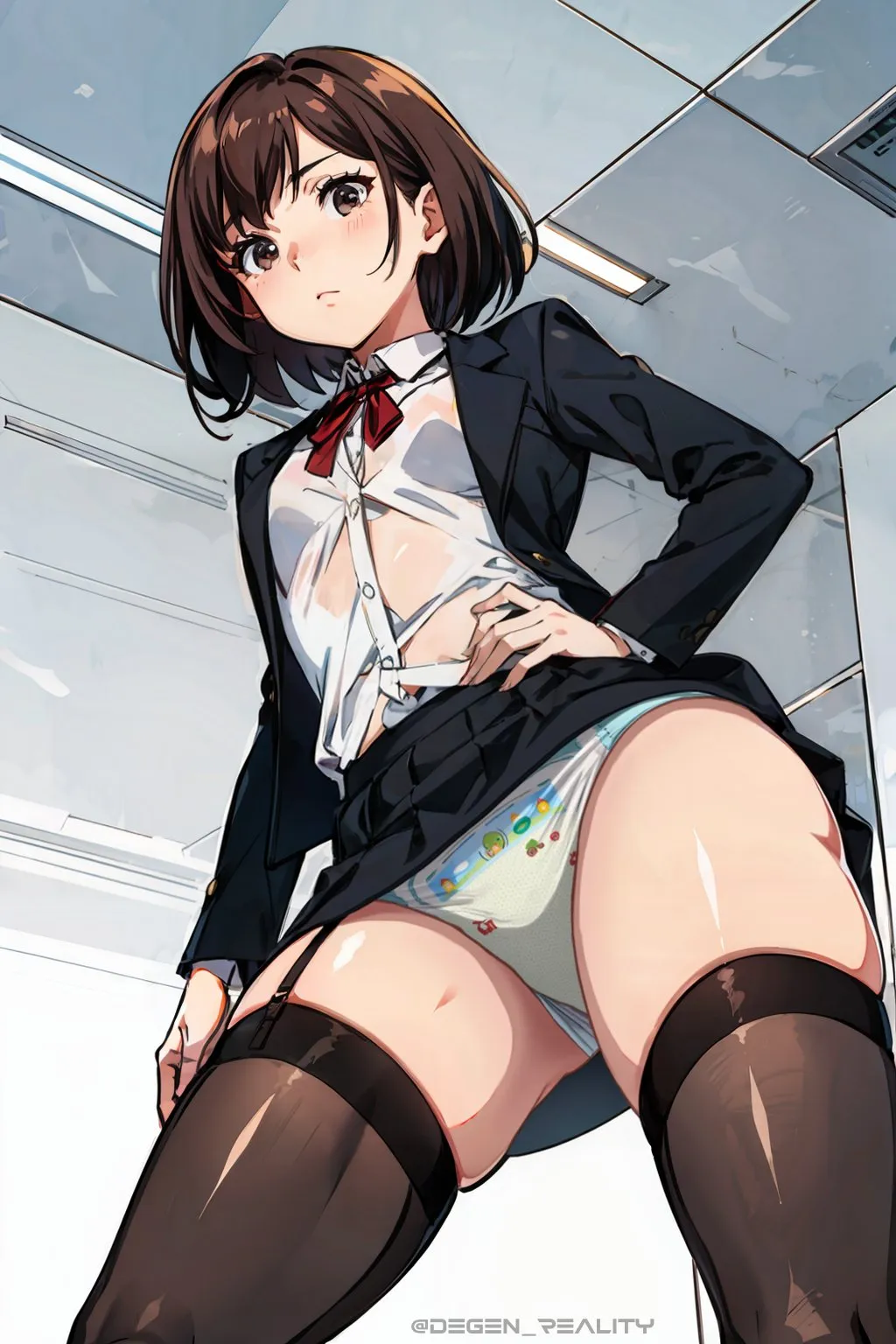 The diaper of a girl wearing a garter belt with her office outfit is stained yellow.