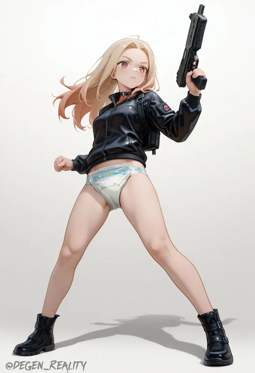 A girl in baby diapers holding a gun