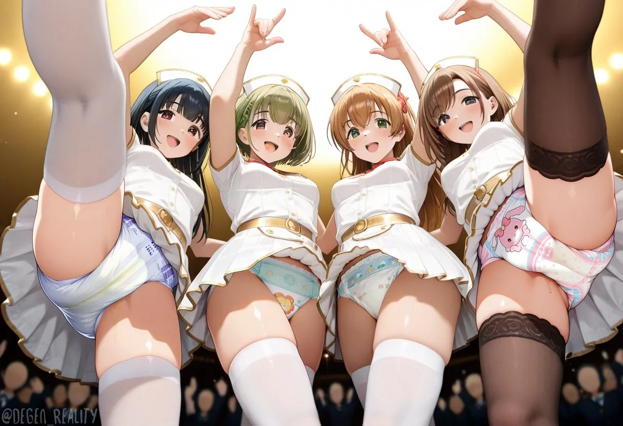 Four girls are showing off their diapers. They are wearing white and black stockings.