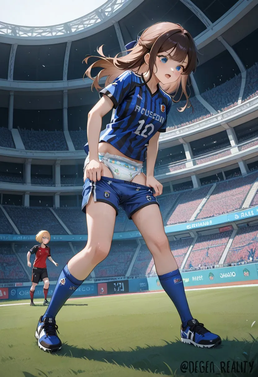 When the girl soccer player pulls down her pants, her diaper is exposed.