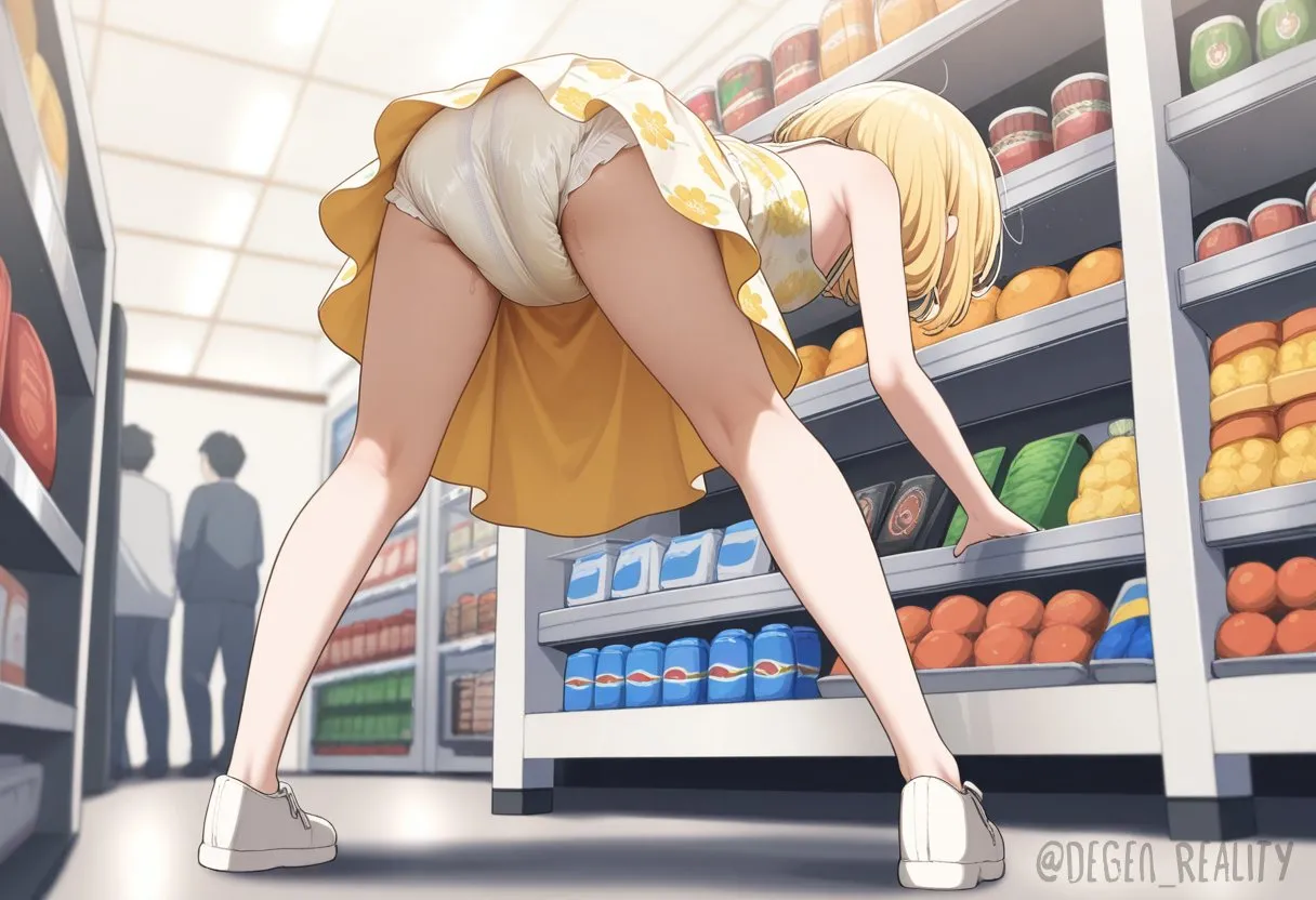 A wet diaper is visible through the dress of a girl selecting items at the supermarket.