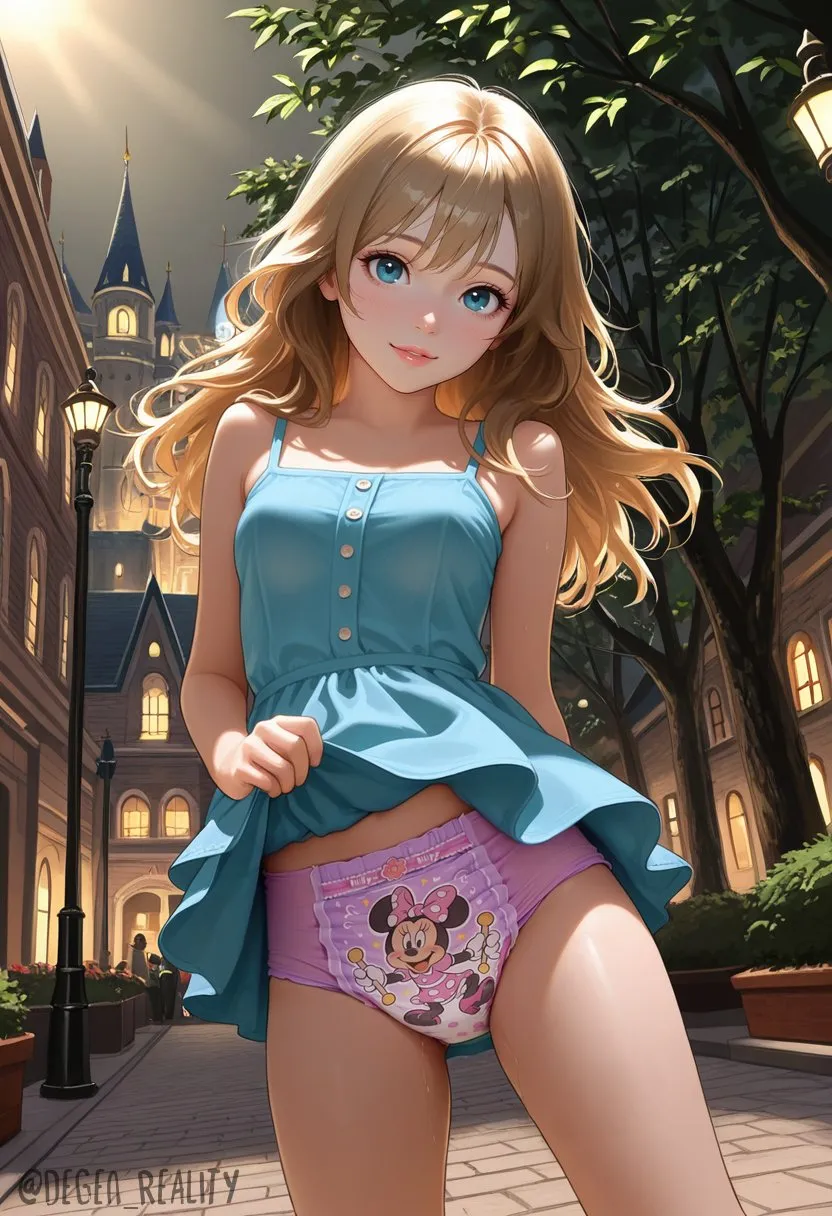 The girl is wearing pull-up diapers outdoors, lifting her skirt to show them.