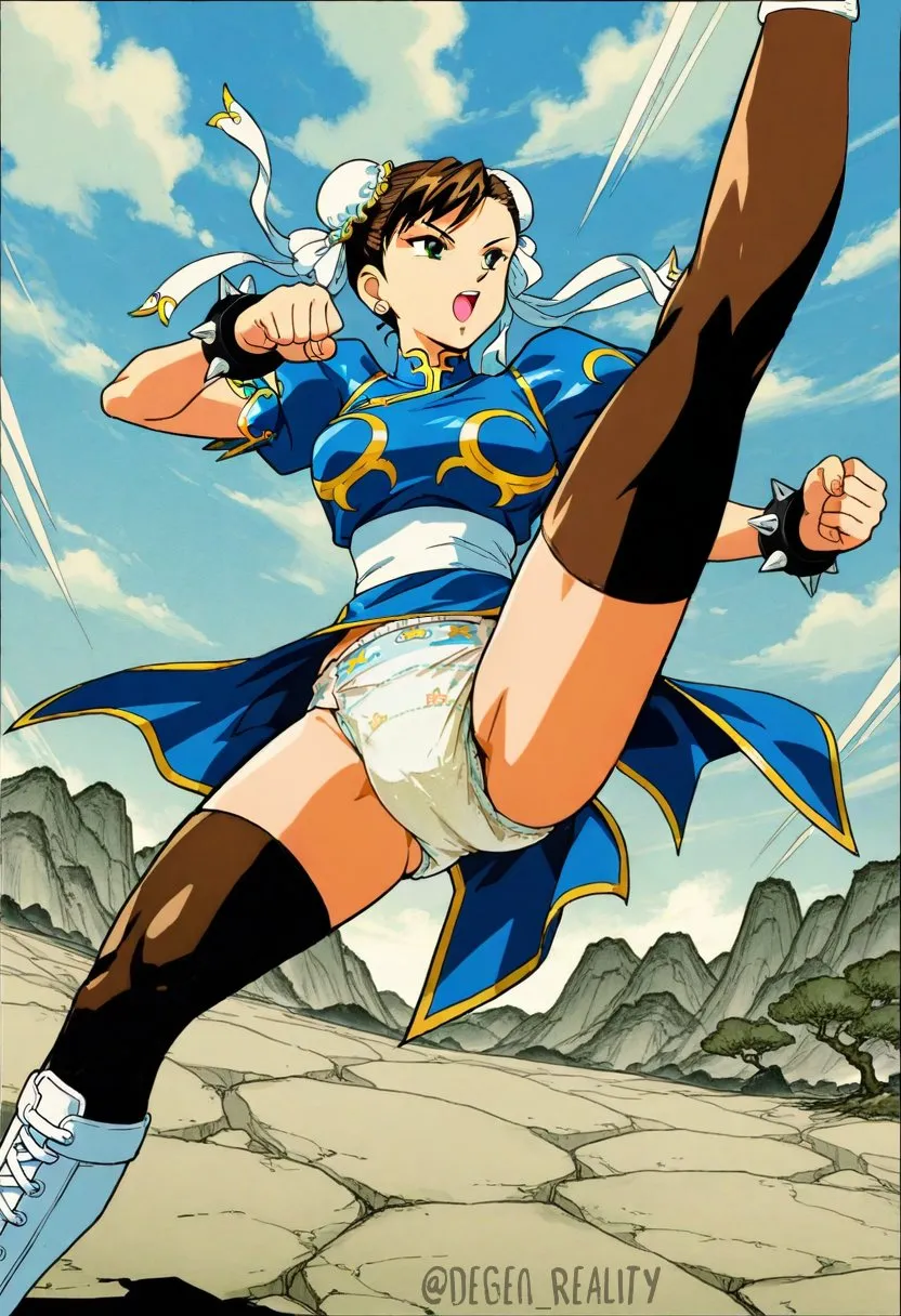 Chun-Li wearing diapers and kicking