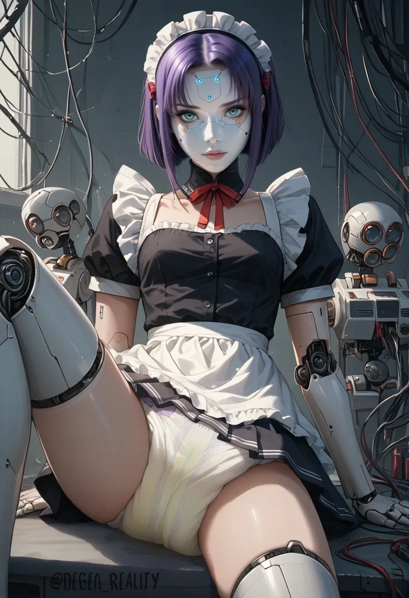 A wet diaper is visible beneath the skirt of the android-like girl.