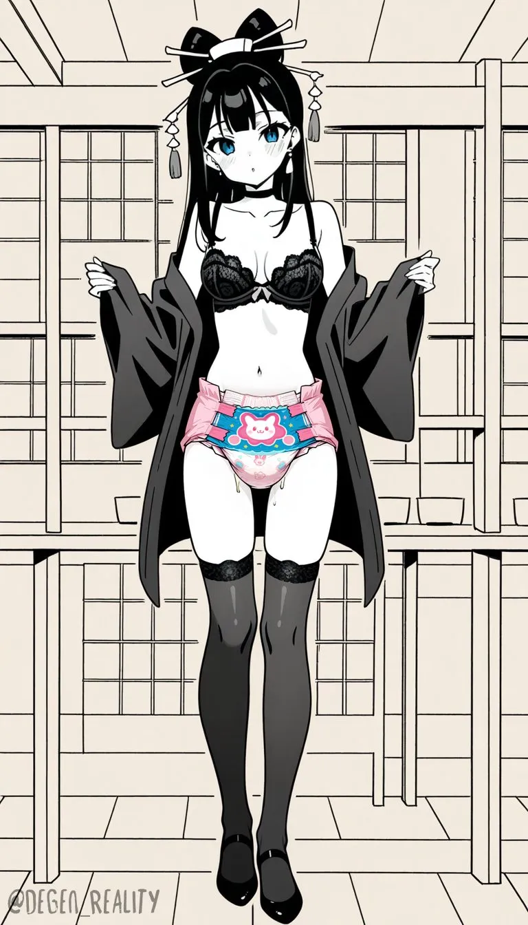 A girl wearing pink diapers and black stockings