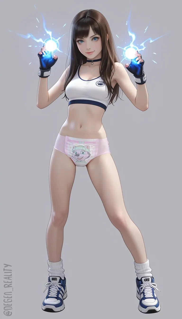 A girl wearing a sports bra is showing off her pull-up diaper.