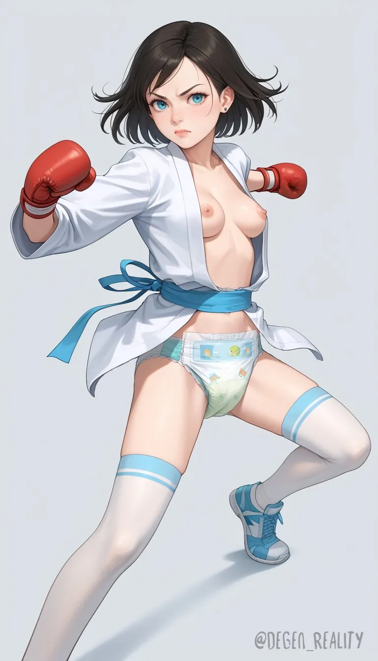 A woman wearing boxing gloves is dressed in a baby diaper and white stockings, with her chest exposed.