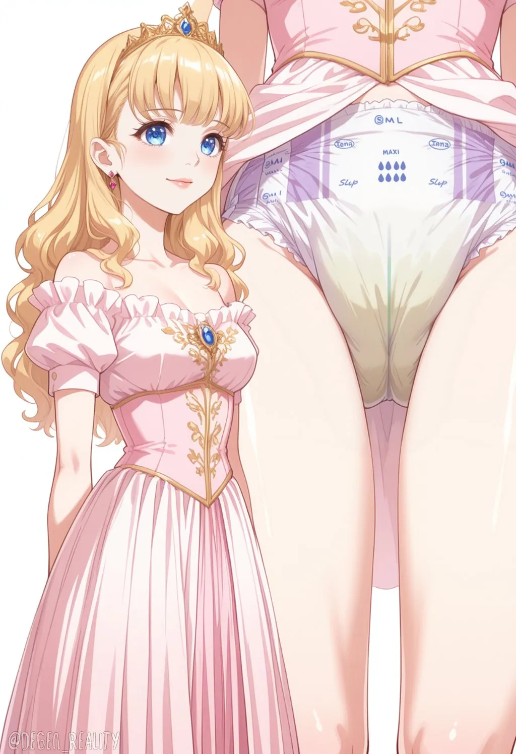The princess-like girl's diaper is stained yellow.