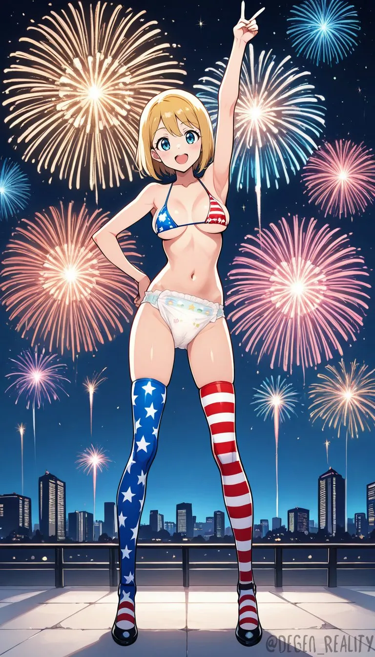 A girl wearing a bra and stockings made from the American flag is posing outdoors with a baby diaper on. 