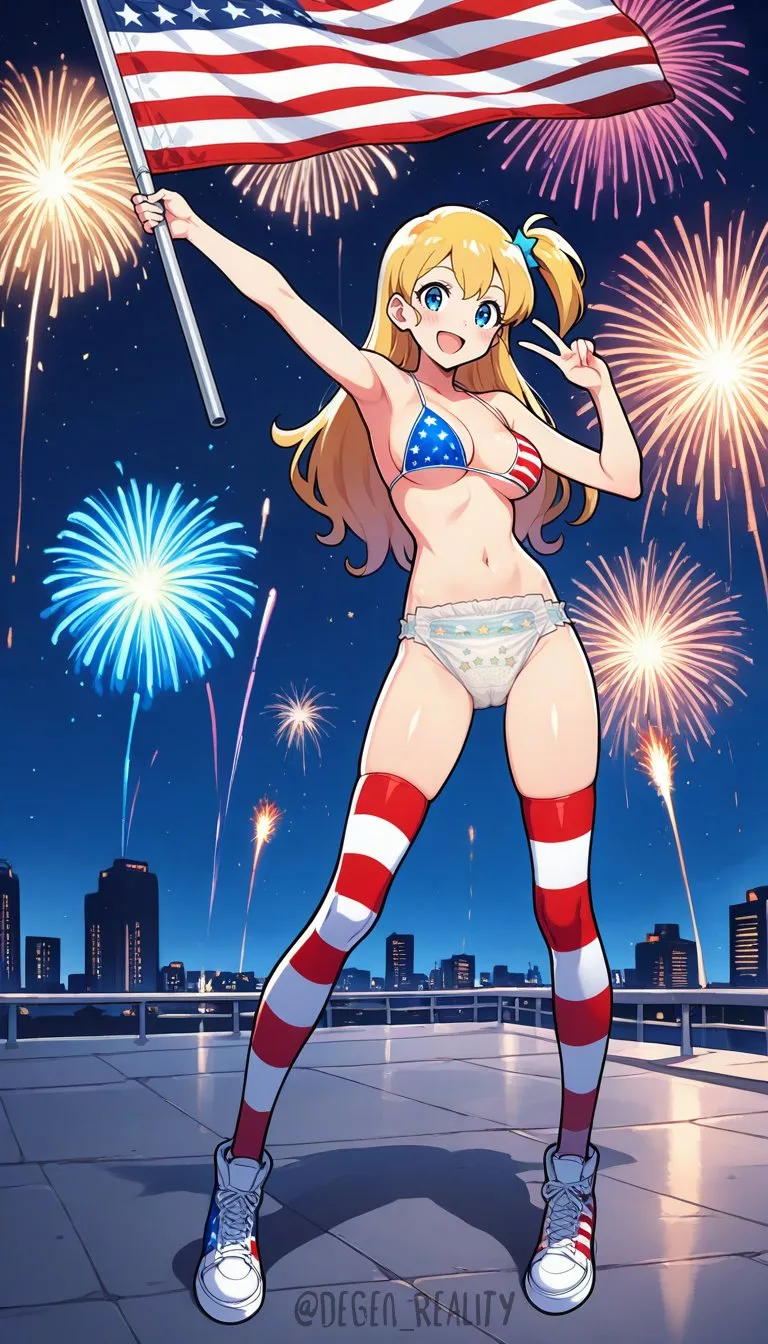 A girl wearing a bra and stockings made from the American flag is holding an American flag while wearing a baby diaper.