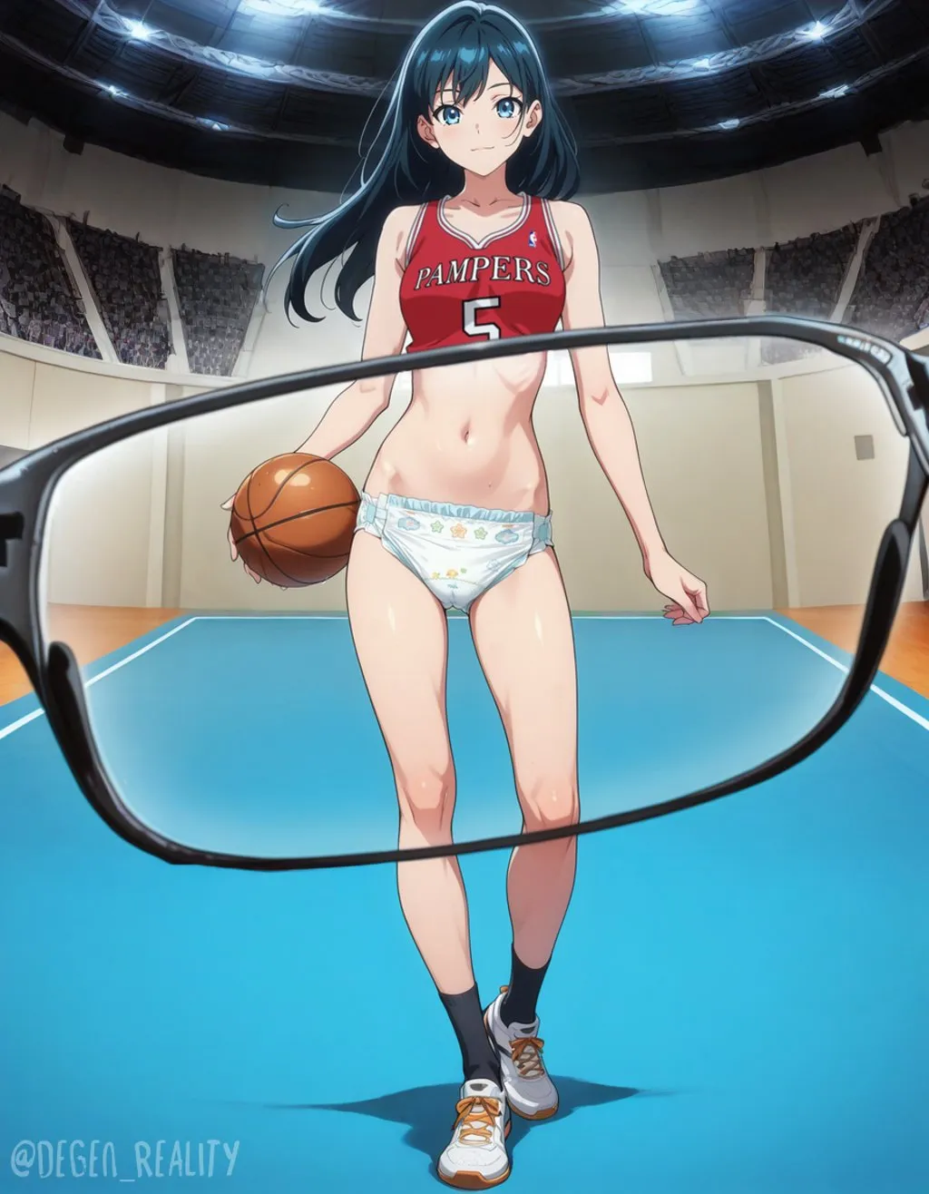 Through the see-through glasses, the girl's diaper is visible.