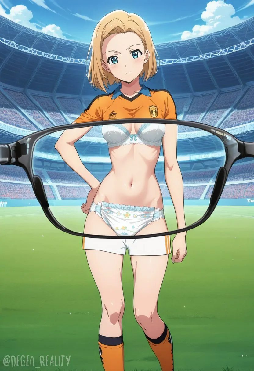 Through the X-ray glasses, the girl soccer player is wearing a baby diaper.
