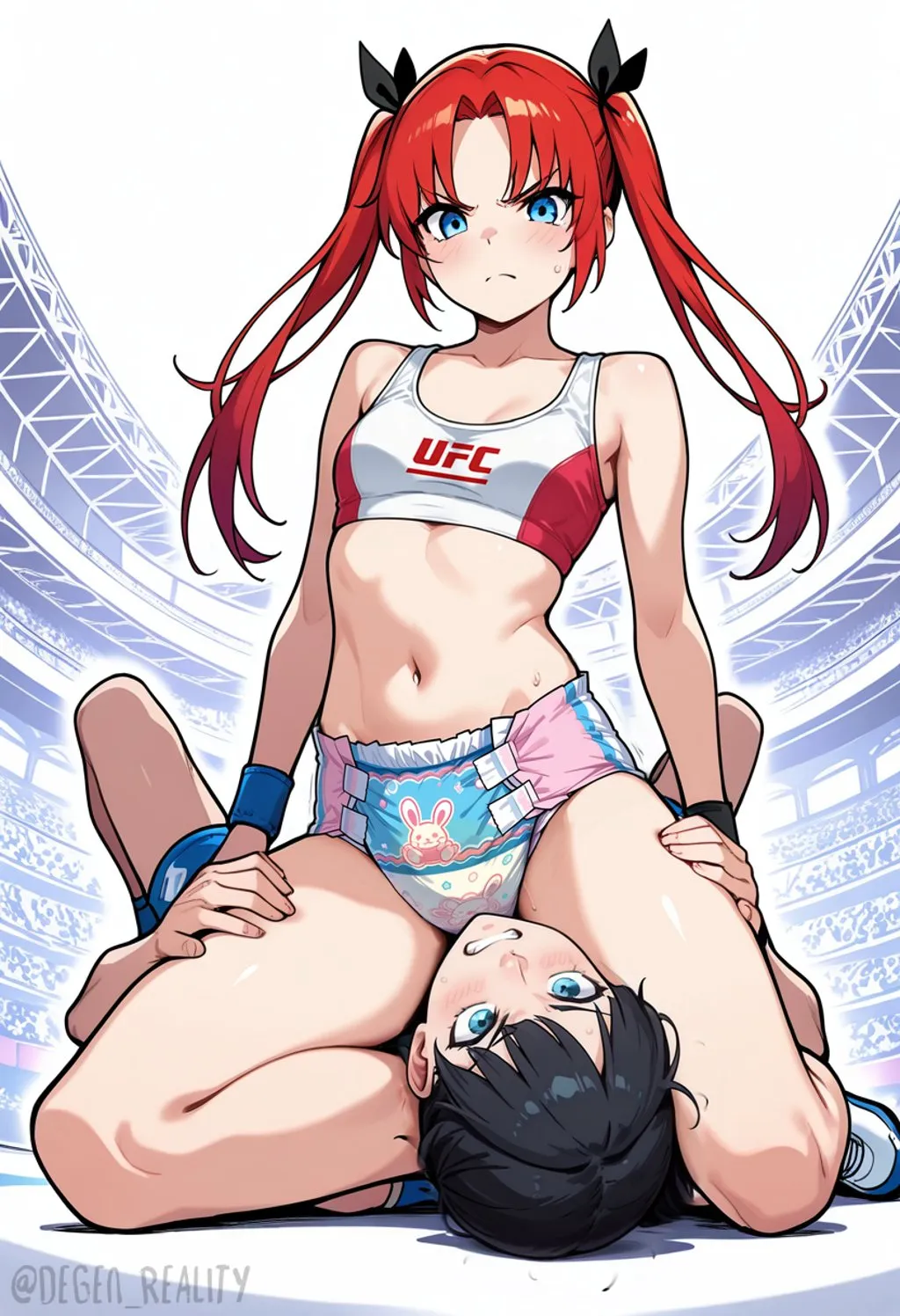 A female UFC fighter is wearing a diaper and sitting on a male fighter's face.