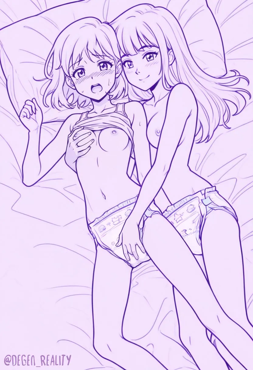 Two lesbian girls, both wearing baby diapers, are touching each other's breasts and diapers.