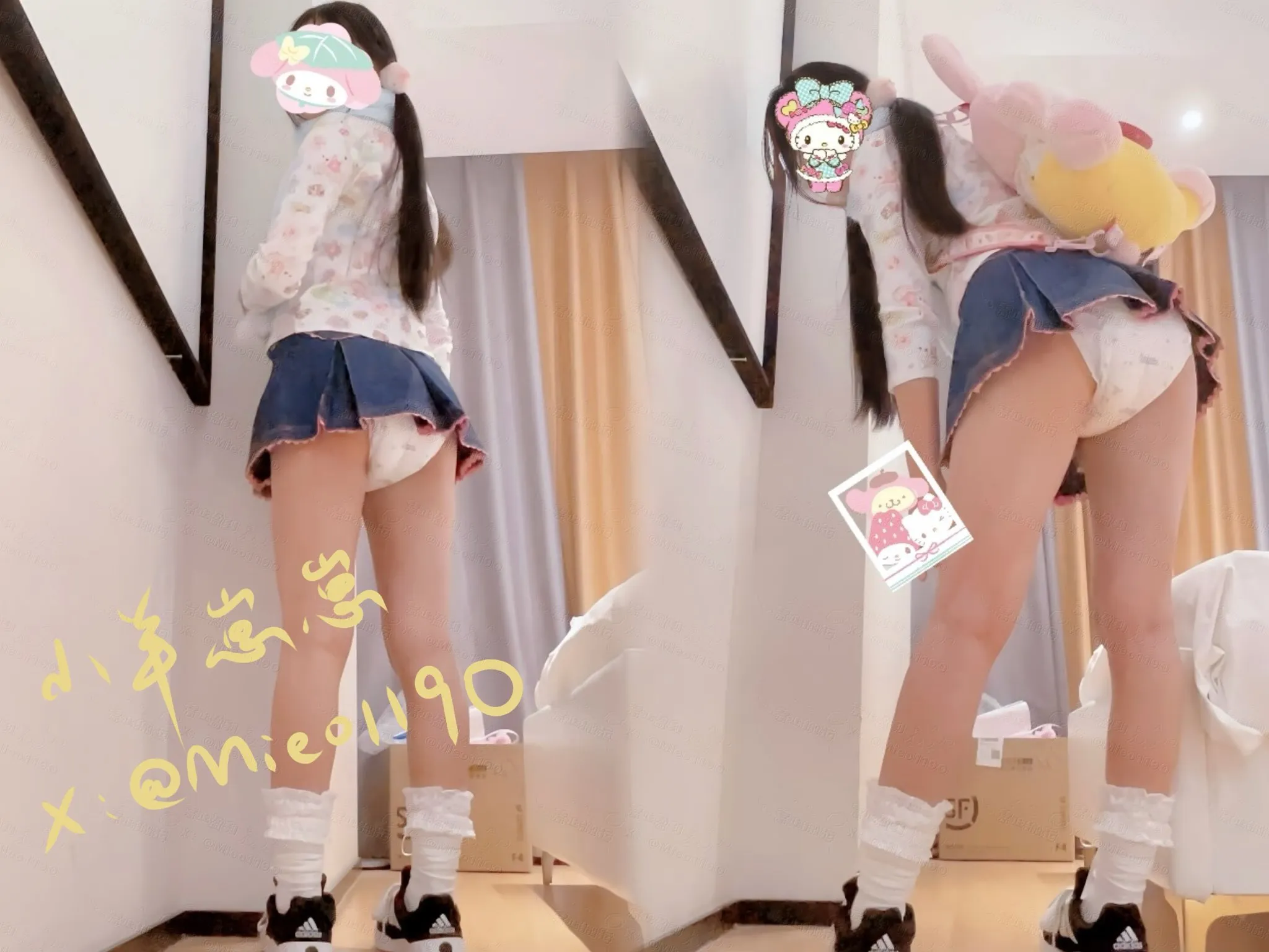 A girl with a bulging diaper visible beneath her skirt