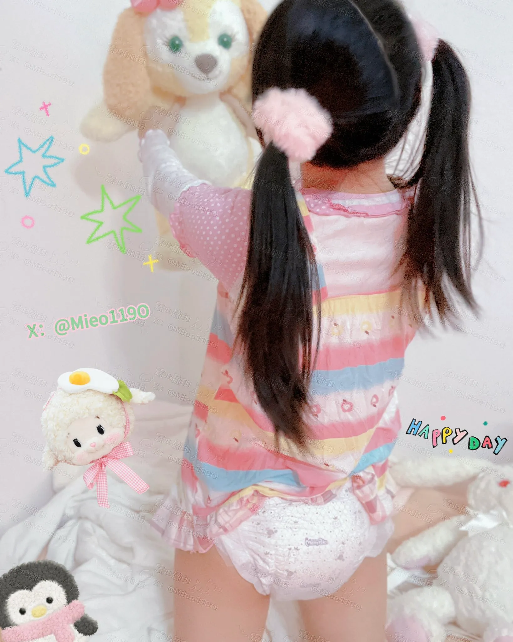 The rear view of an ABDL girl wearing a diaper while holding a doll