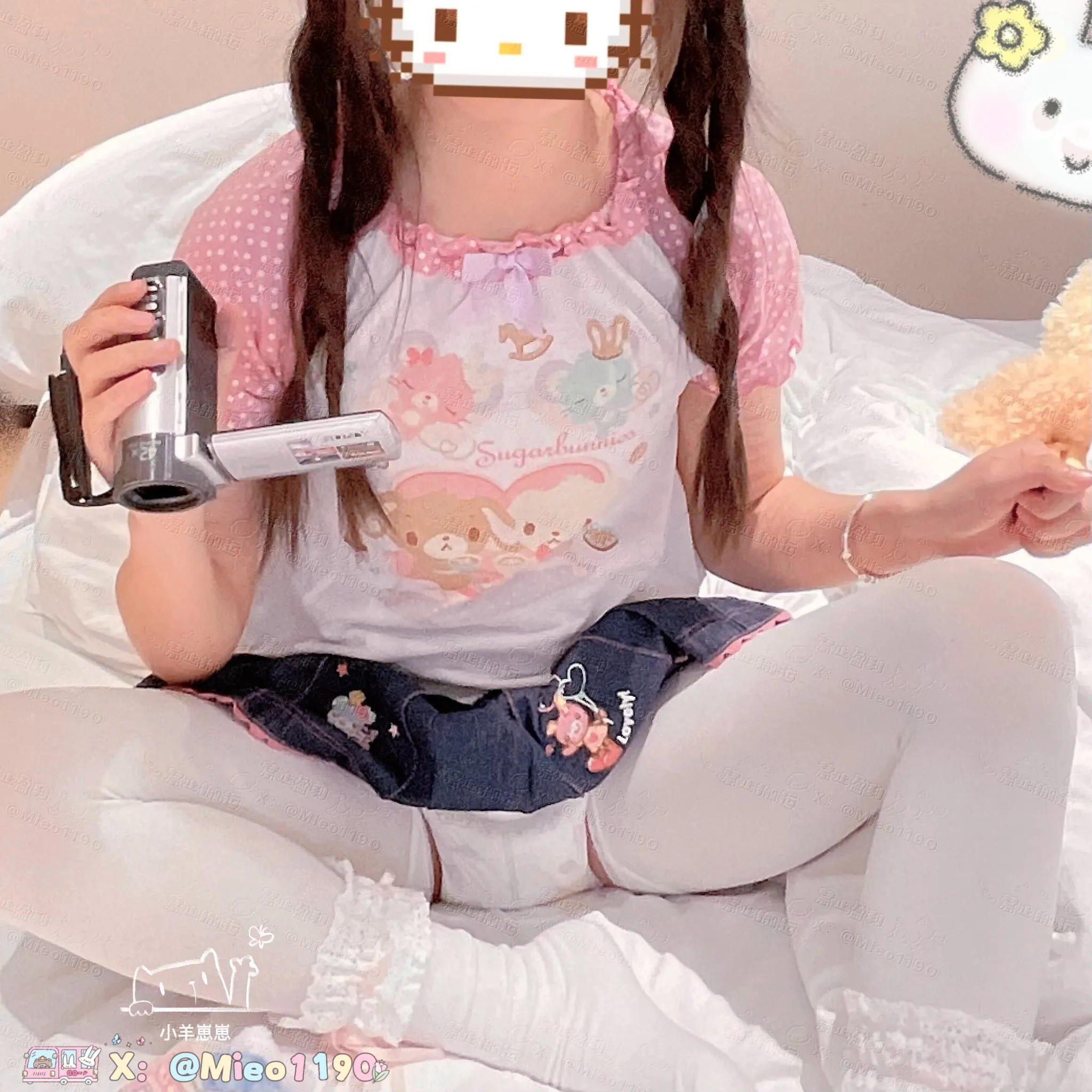 An ABDL girl wearing diapers and stockings, holding a camcorder