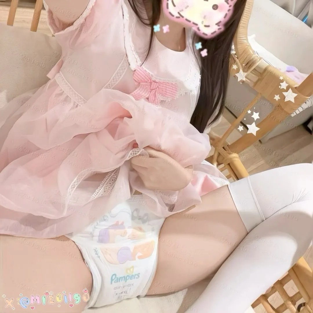 ABDL girl showing off white stockings and Pampers diapers