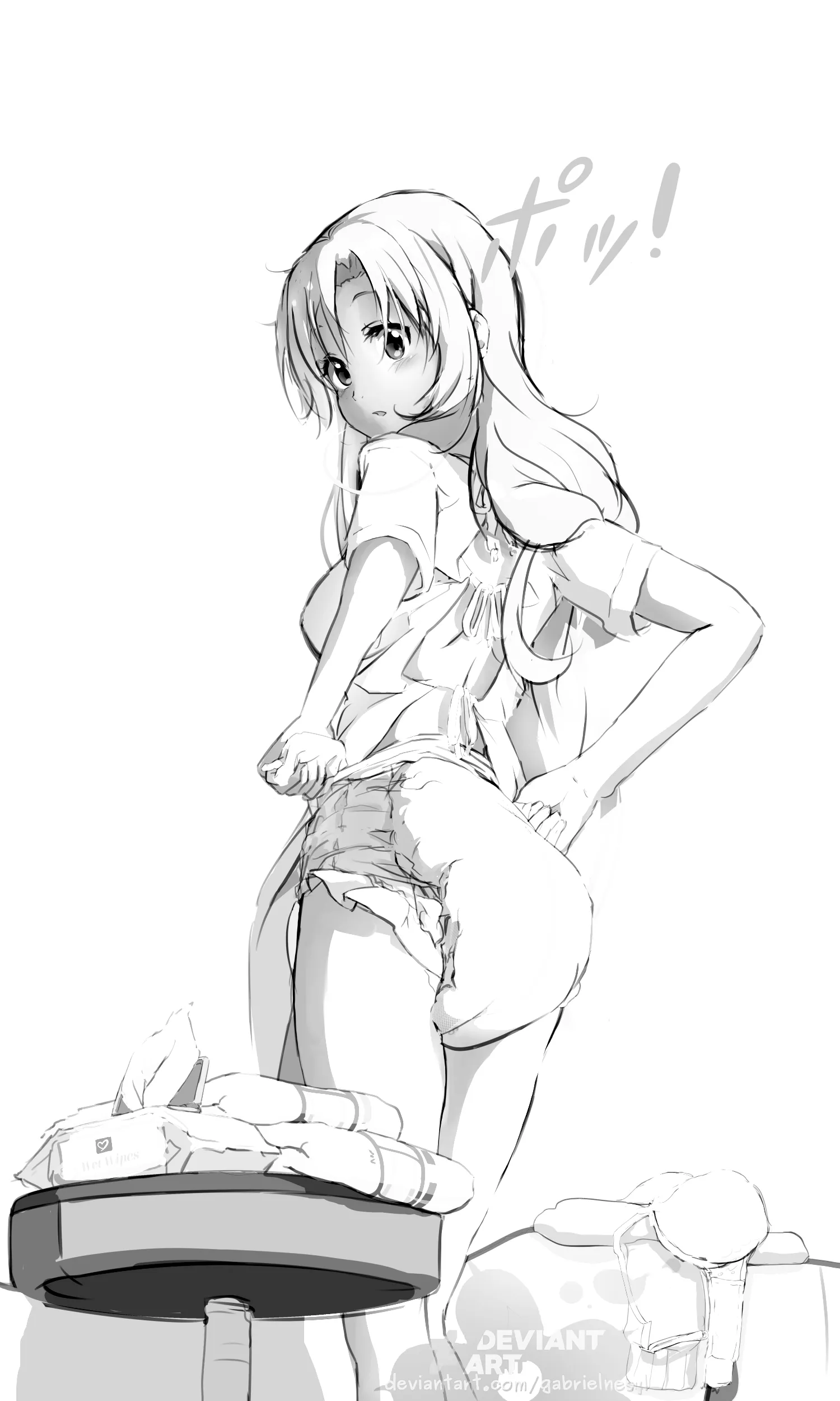 An ABDL girl stands wearing a bulging diaper.