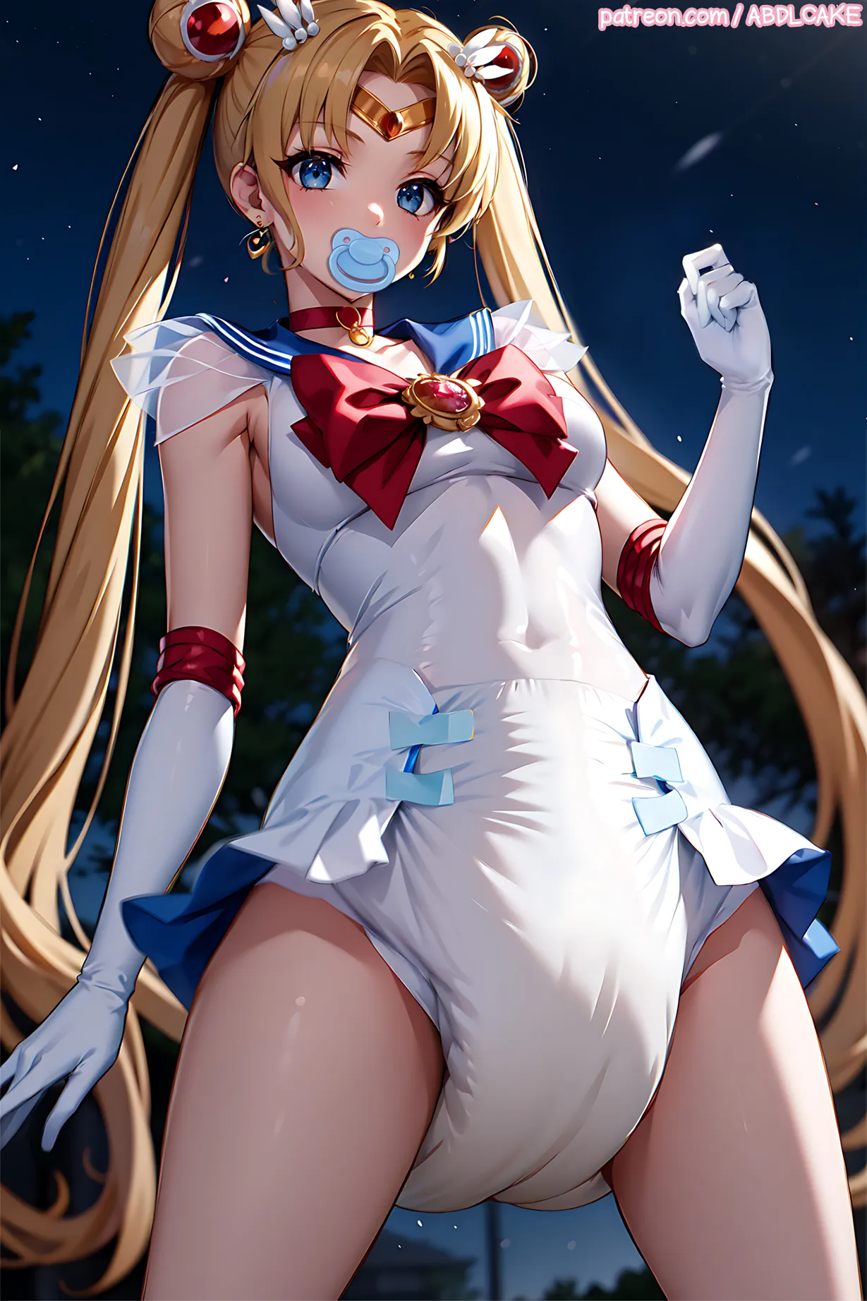 Sailor Moon peed all over her diaper outdoors.