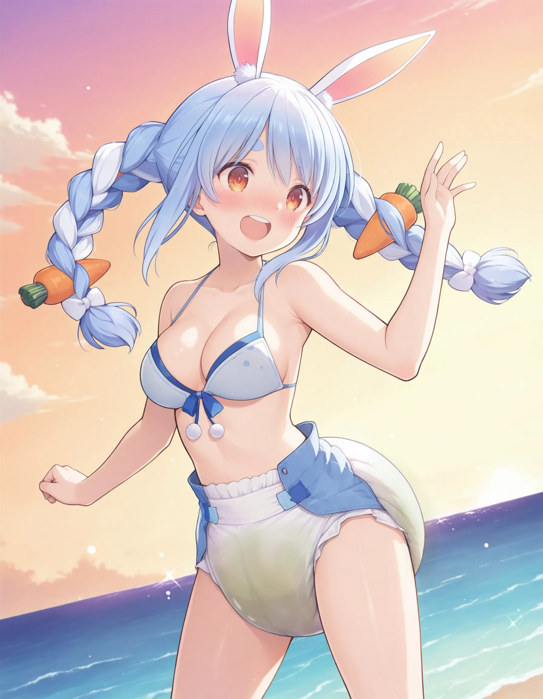 An ABDL girl is playing at the beach wearing a diaper soaked through with pee.