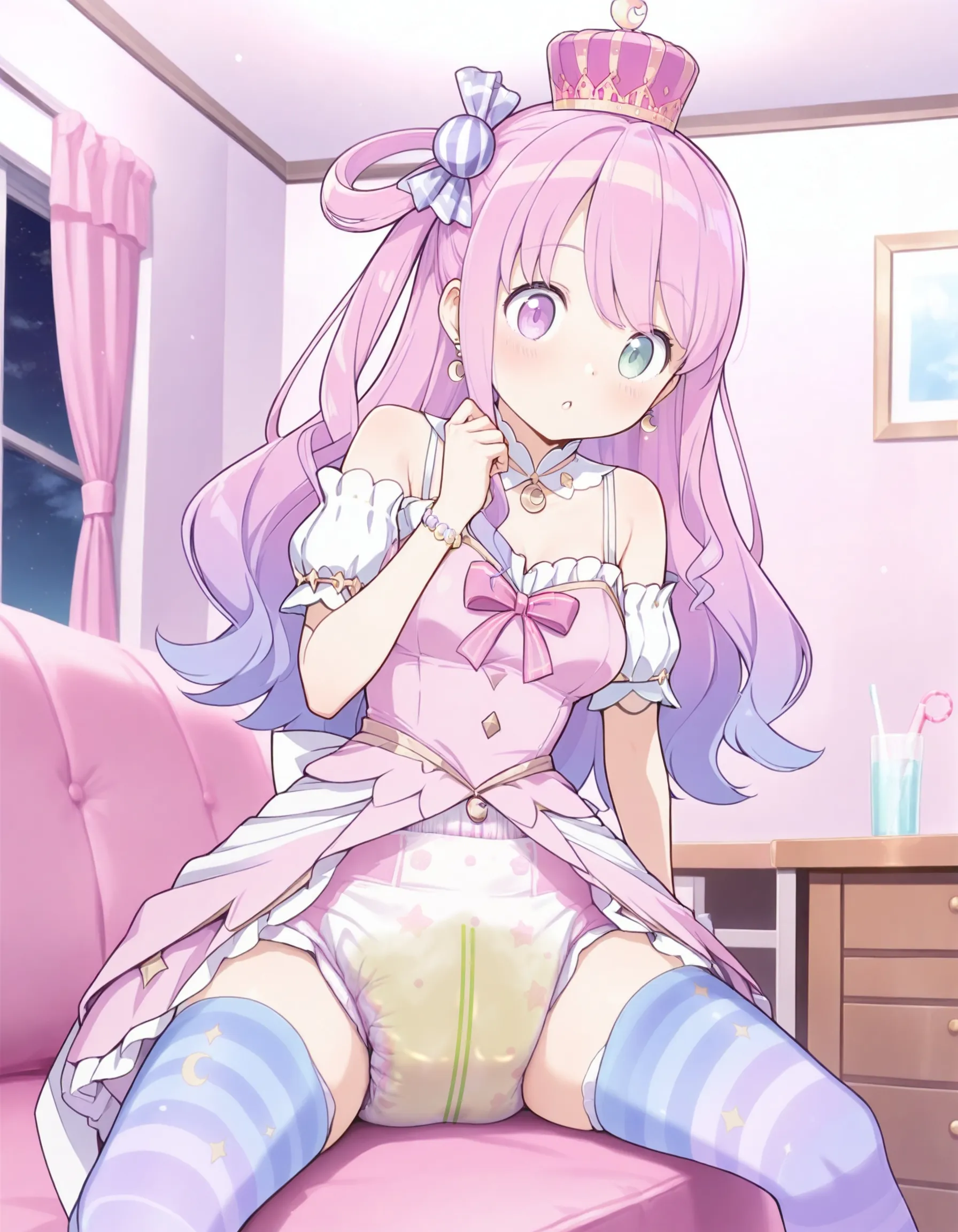 An ABDL girl sits on the sofa wearing a diaper soaked through with pee.