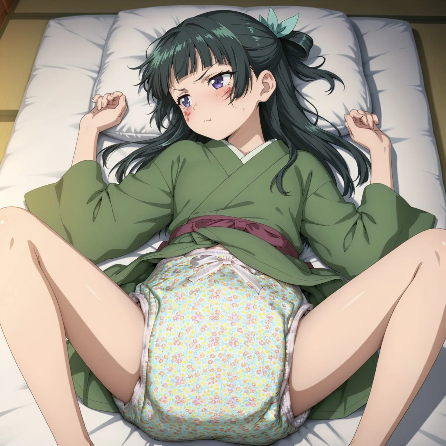 A girl dressed in traditional clothing is standing with her legs spread apart, exposing her cloth diaper.