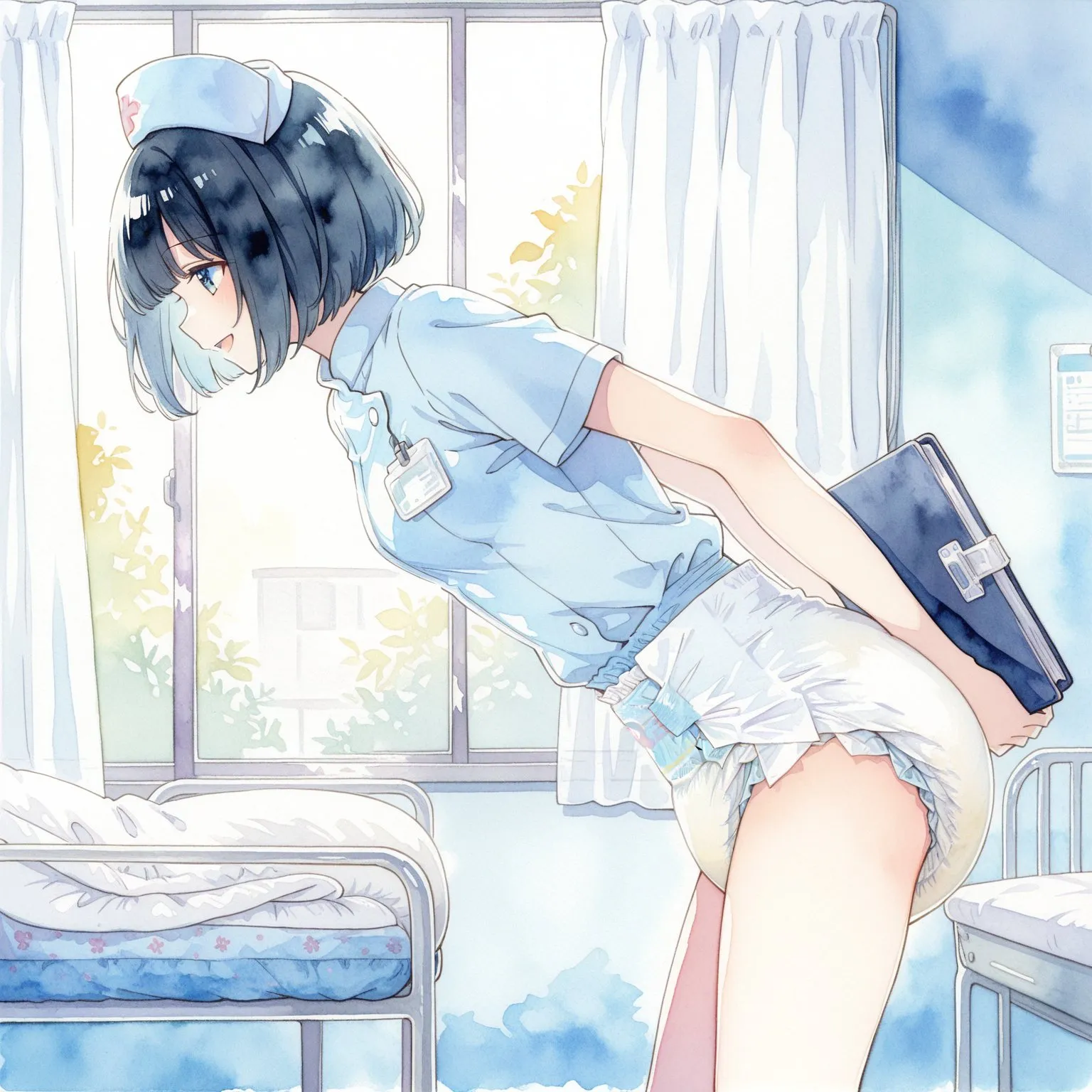 The nurse is wearing a diaper that is soaked through.