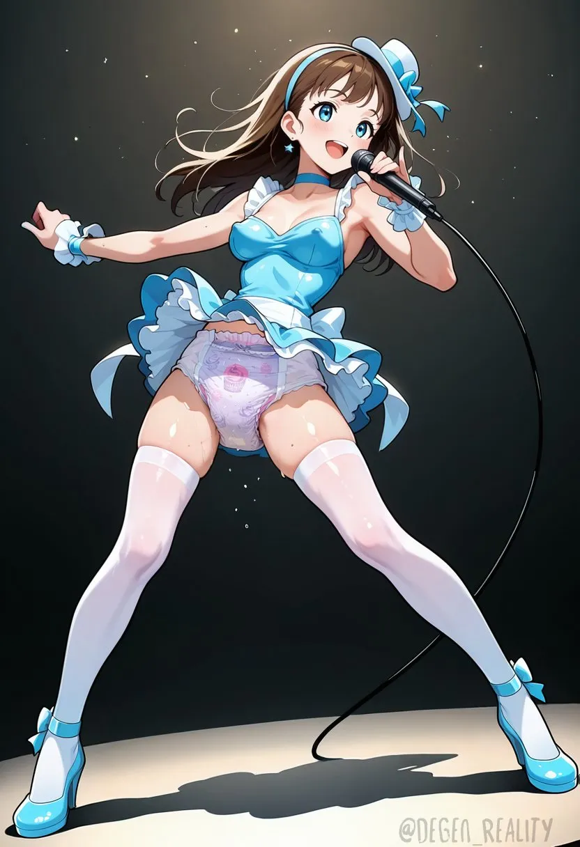 An ABDL girl wearing white stockings and diapers singing on stage