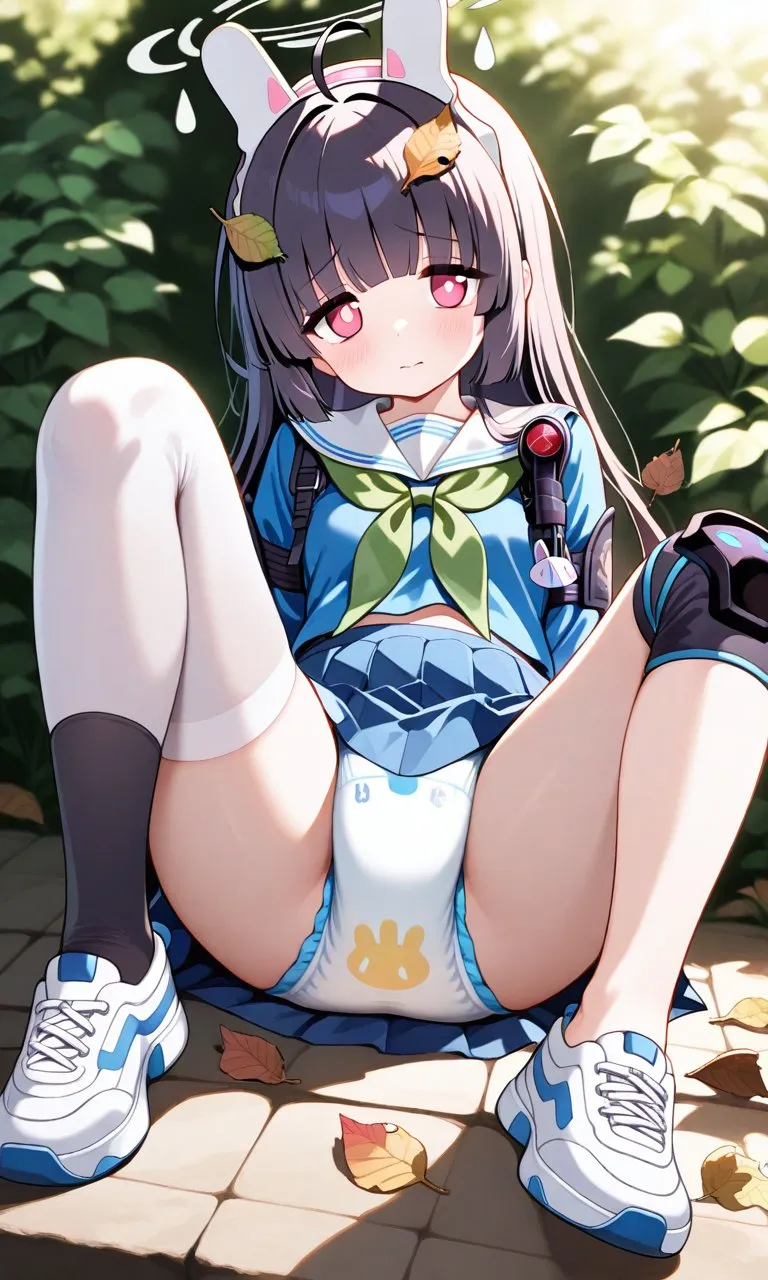An ABDL girl wearing a bunny headband, sitting outdoors in an M-shaped position, showing off her diaper