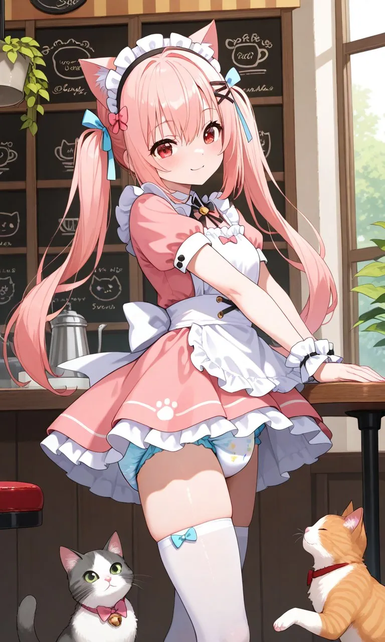 An ABDL girl wearing a pink maid outfit, white stockings, and a diaper