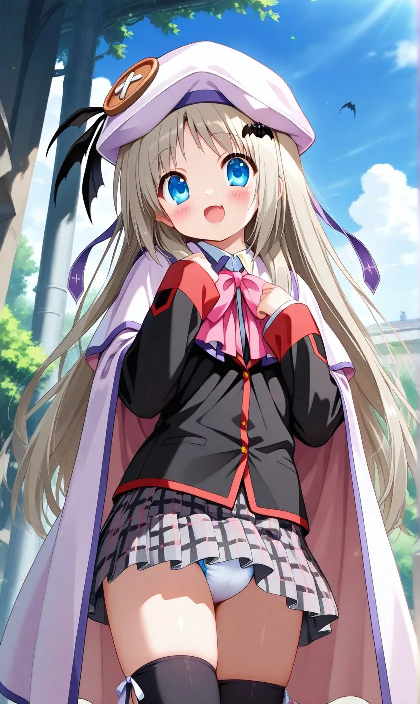 An ABDL girl wearing black stockings with a diaper visible beneath her skirt outdoors