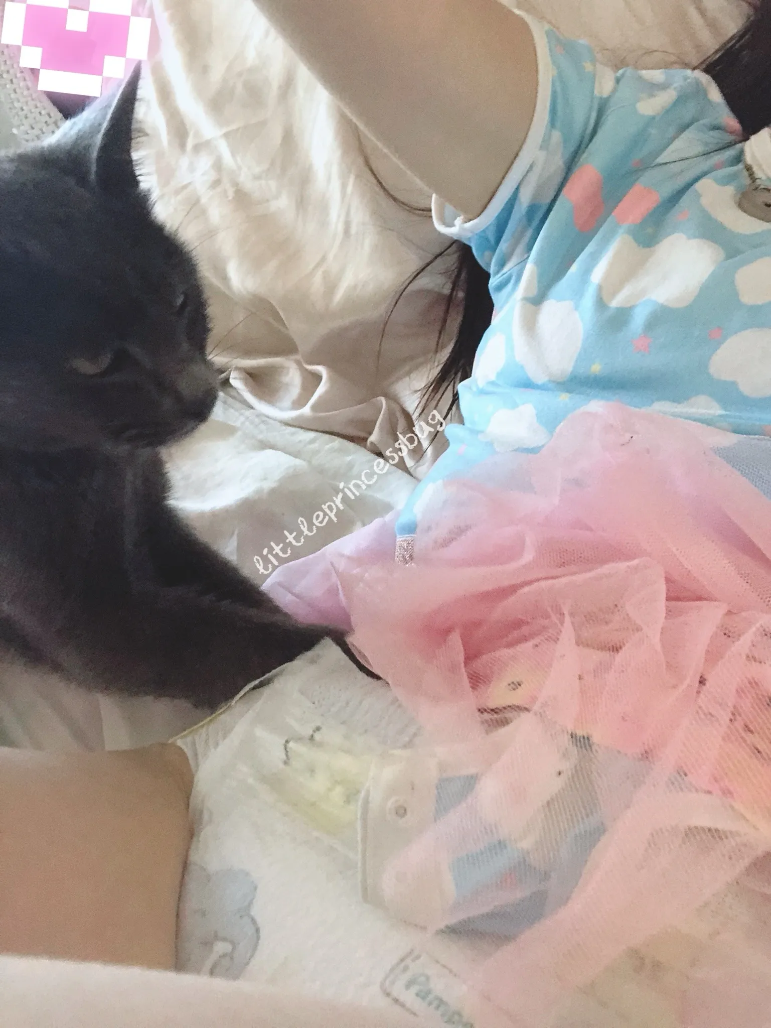 The ABDL girl lifted her pink lace skirt all the way up, exposing her diaper completely.