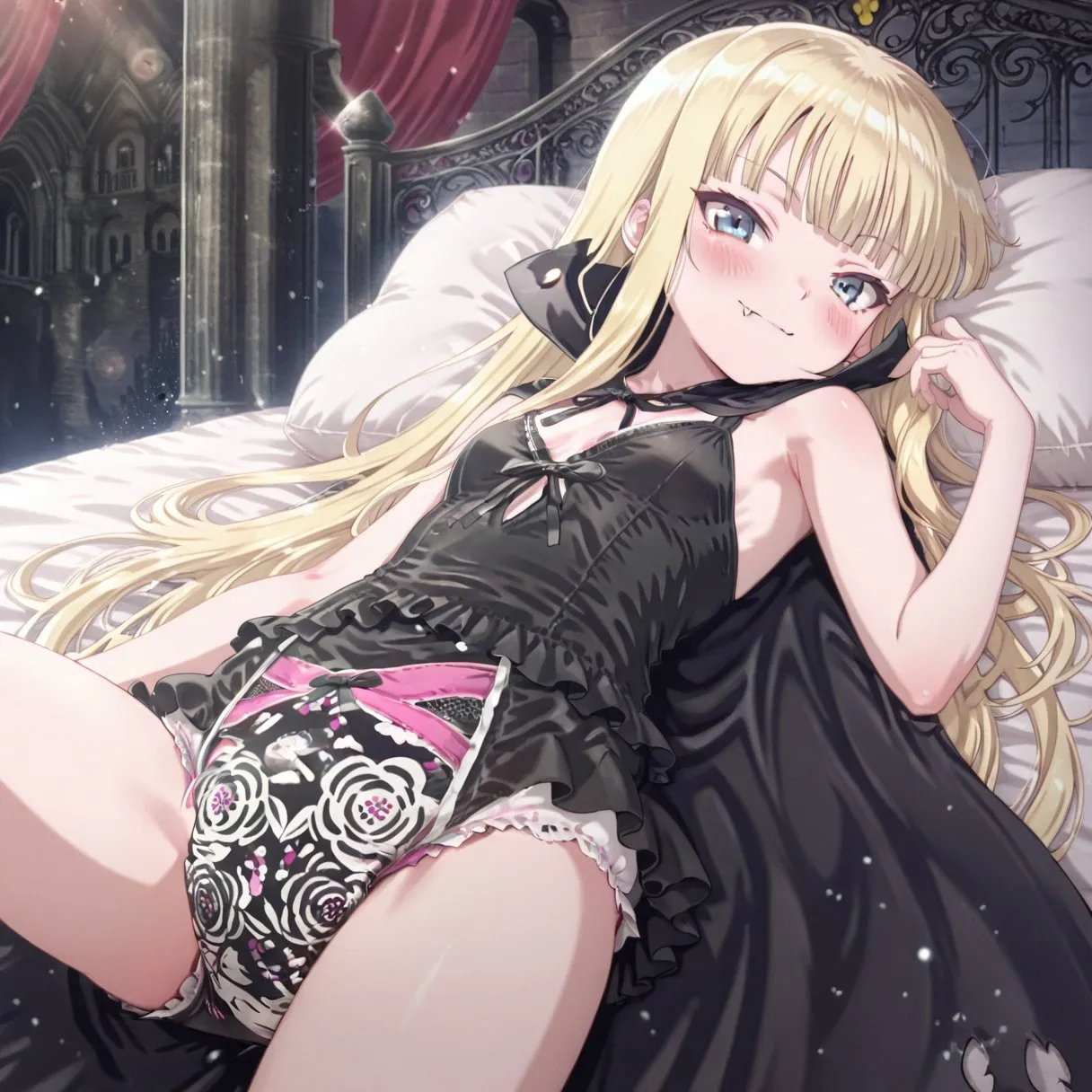 An ABDL girl wearing a black dress and black pull-up diapers gazes seductively.