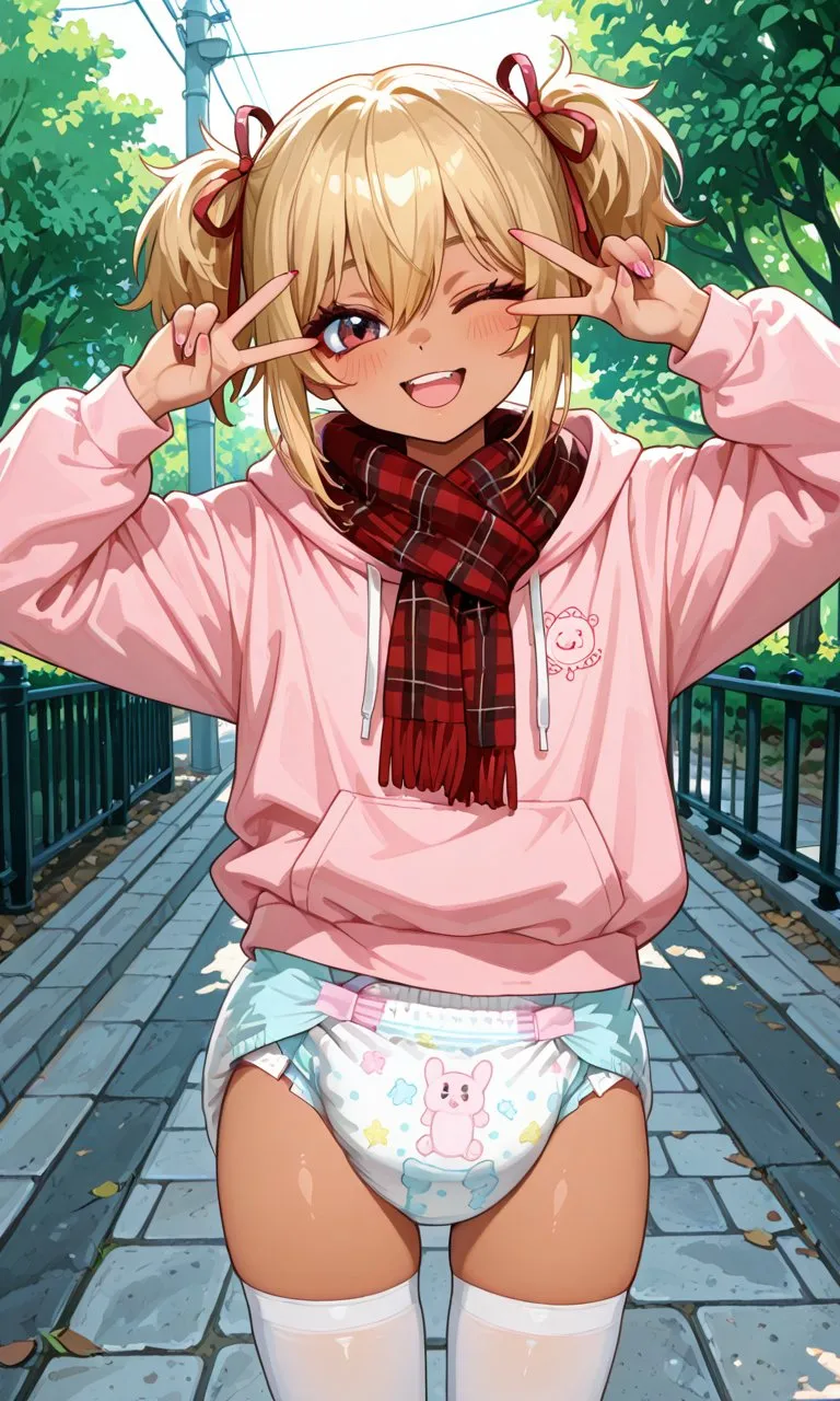 An ABDL girl exposes her white stockings and diaper outdoors.
