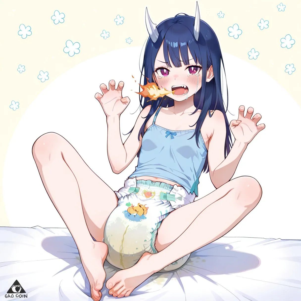 An ABDL girl is wearing a wet diaper and striking a ‘Kwaang’ pose.