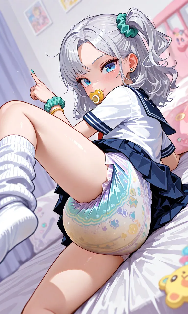 An ABDL girl lies in bed sucking on a pacifier, one leg raised, showing off her diaper filled with pee.