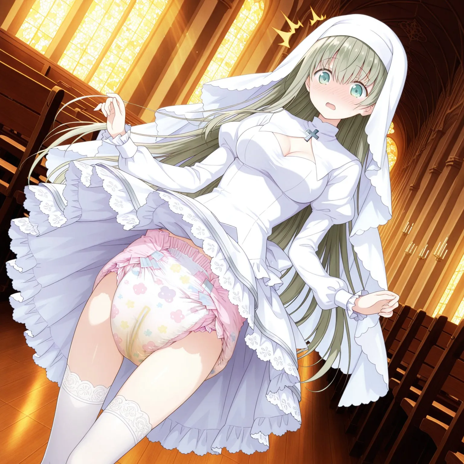 The skirt of the girl in a nun's habit was lifted, exposing a soiled diaper.