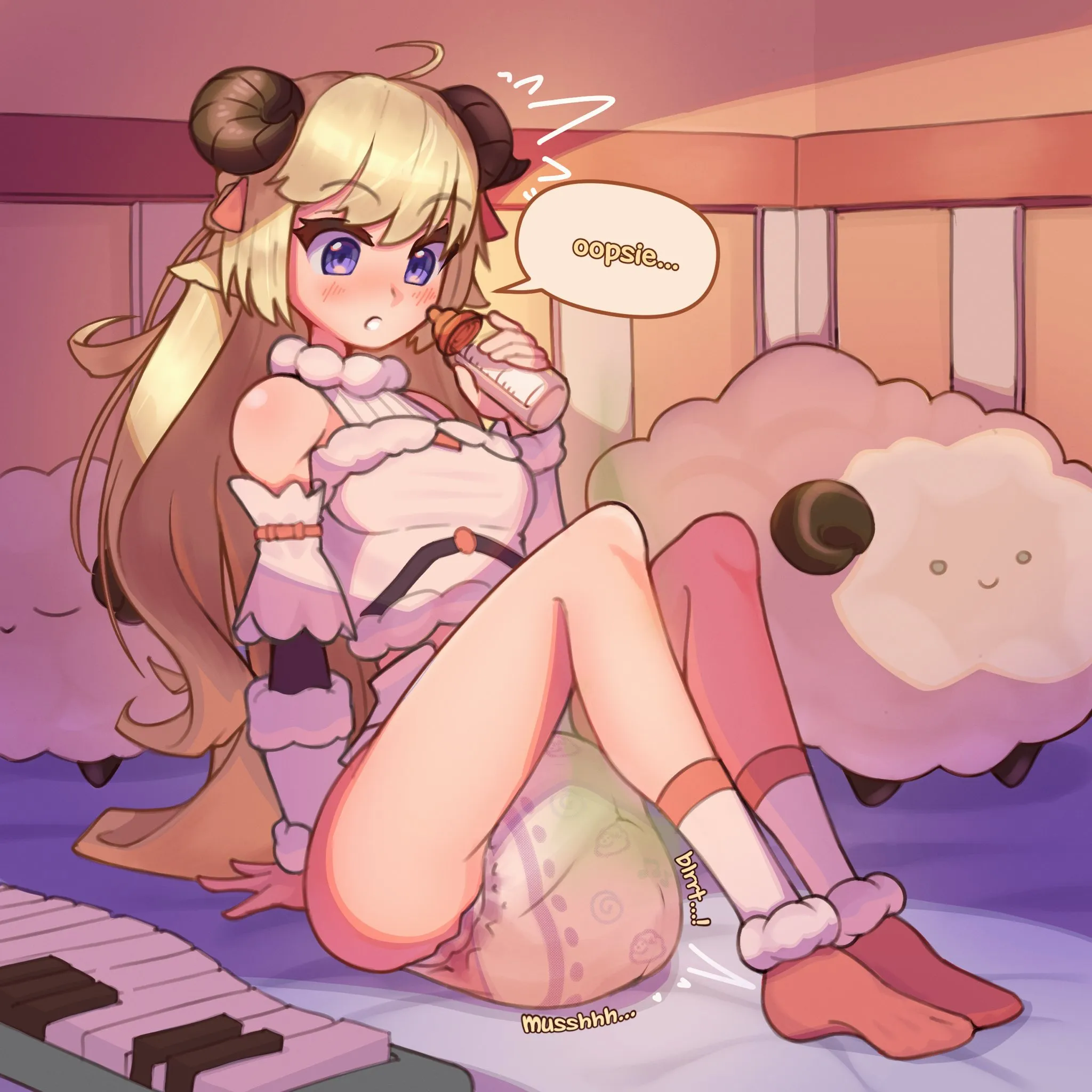 The ABDL girl poops and pees in her diaper.