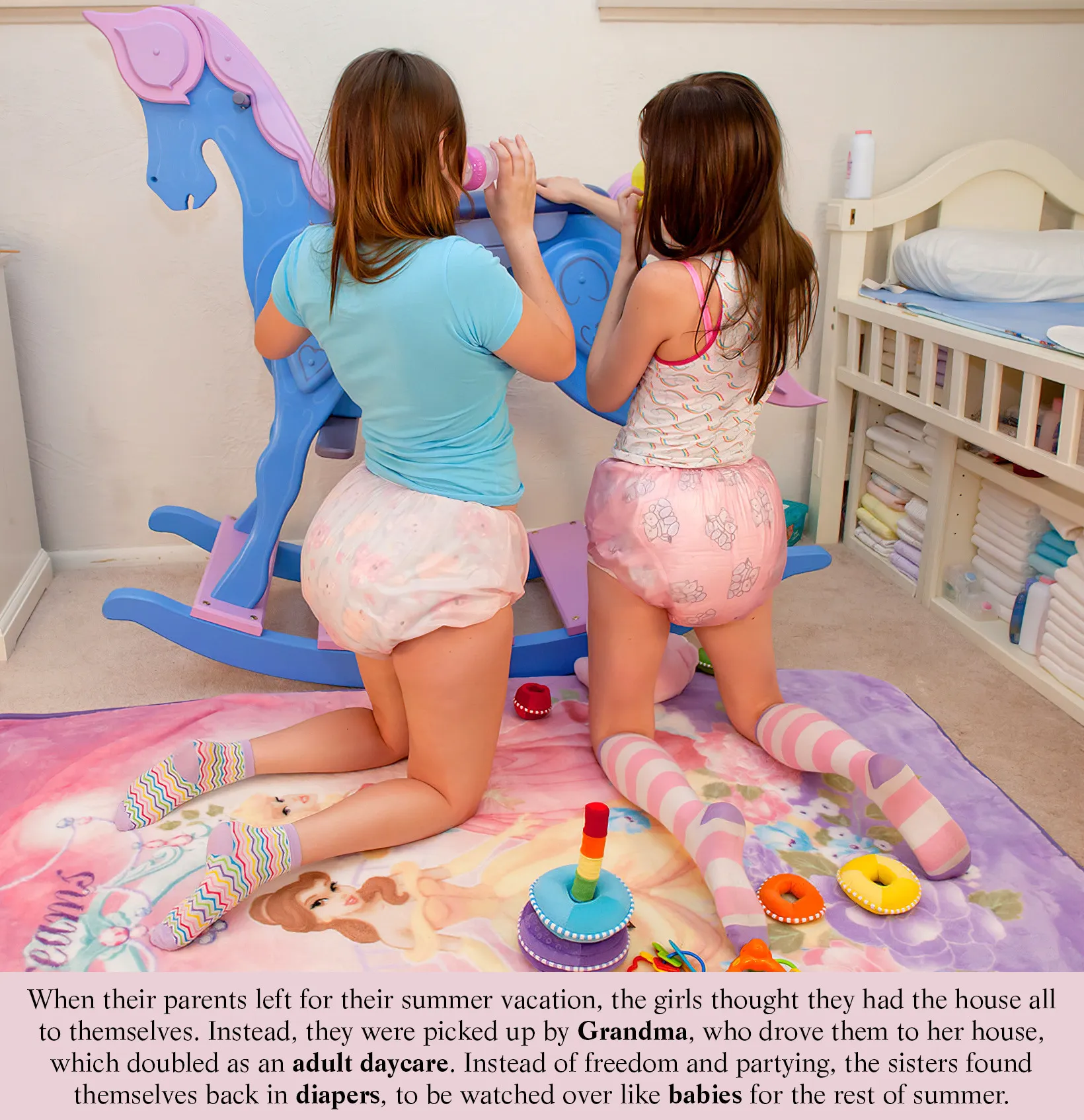 Two brown-haired girls playing while wearing diapers.